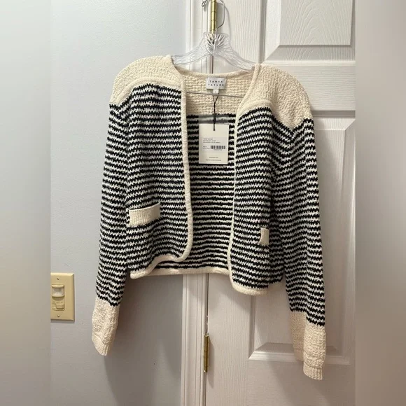 Tanya Taylor Ashton Organic Cotton Two Tone Sweater/Jacket White/Black Stripe - Picture 2 of 6